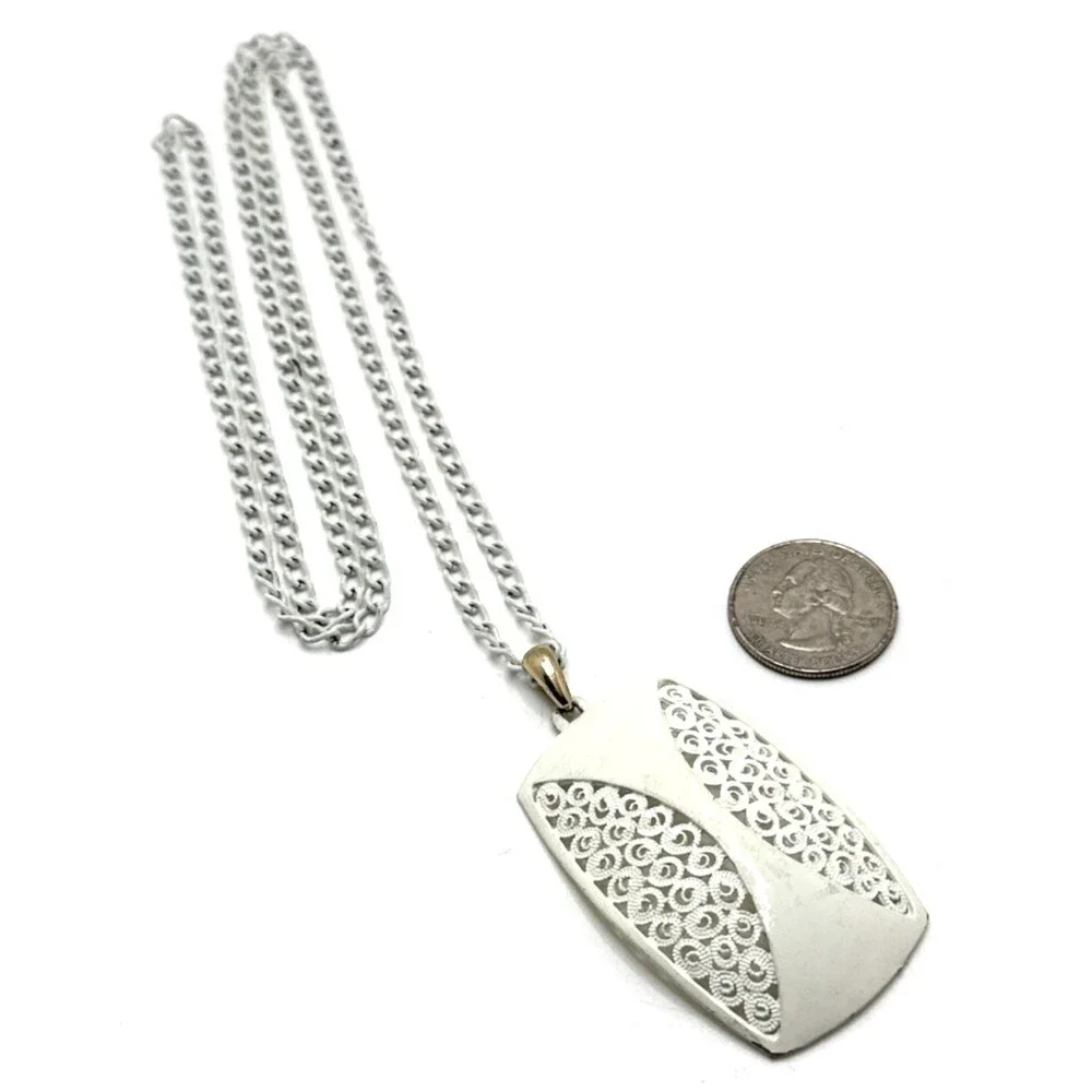 Vintage MCM White Enameled Metal Pendant Necklace Filigree Statement 31